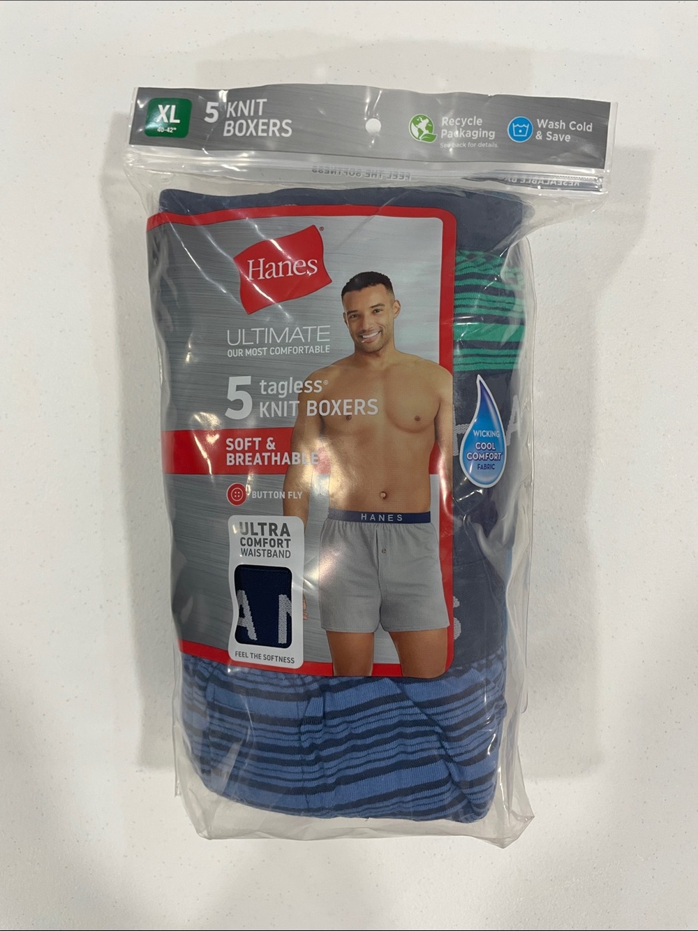 Men’s Hanes 5 pack tag less knit boxers XL new
